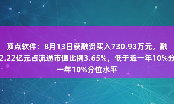 顶点软件：8月13日获融资买入730.93万元，融资余额2.22亿元占流通市值比例3.65%，低于近一年10%分位水平
