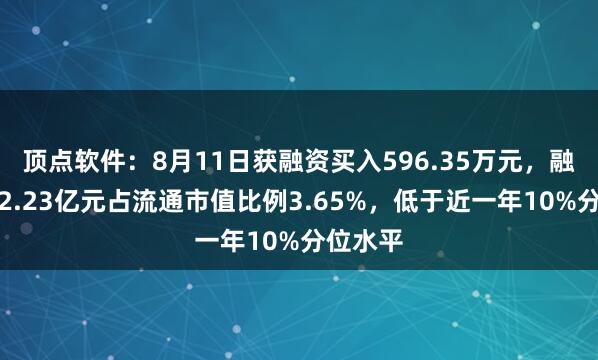 顶点软件：8月11日获融资买入596.35万元，融资余额2.23亿元占流通市值比例3.65%，低于近一年10%分位水平